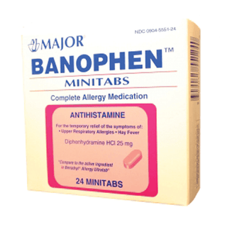 MAJOR ALLERGY CAPLETS - Banophen, Mini-Tabs, 25mg, 24s, Compare to Benadryl Mini-Tabs, 24/cs, NDC# 00904-5551-24  | Quantity - 1x CS