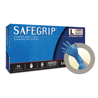 ANSELL MICROFLEX SAFEGRIP POWDER-FREE EXTENDED CUFF LATEX EXAM GLOVES - Exam Gloves, PF Latex, Textured, Extended Cuff, Blue, Medium, 50/bx; 10 bx/cs  | Quantity - 1x CS