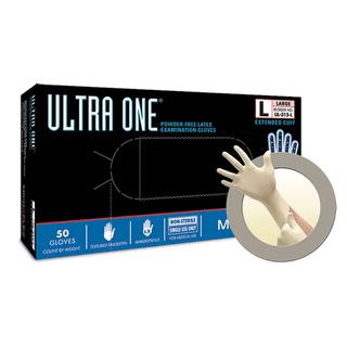 ANSELL MICROFLEX ULTRA ONE POWDER-FREE EXTENDED CUFF LATEX EXAM GLOVES - Exam Gloves, PF Latex, Extended Cuff, Textured Fingers, Large, 50/bx, 10 bx/cs  | Quantity - 1x CS
