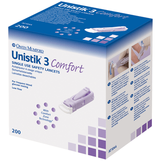 OWEN MUMFORD UNISTIK 3 PRE-SET SINGLE USE SAFETY LANCETS - Lancet, Comfort, 28G, 1.8mm Penetration Depth, Purple, 200/bx (US & Canada Only) | Quantity - 1x BX