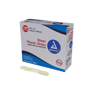 DYNAREX SHEER STRIP ADHESIVE BANDAGES - Bandage, 3/8" x 1", Juniors, 100/bx, 36 bx/cs | Quantity - 1x CS