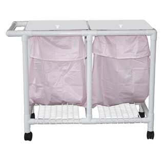MJM LINEN HAMPERS "200" SERIES - Double Hamper, Mesh Bags (33 Gal Capacity, Plastic Bag) 3" Heavy Duty Threaded Stem Casters, Zipper Opening, Base Support for bag, Push/ Pull Handle & Footpedal | Quantity - 1x EA